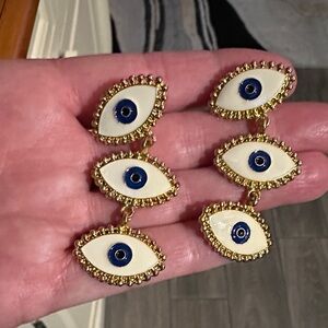 Evil Eye Cream Enamel with Blue and Gold Hardware Dangle Earrings.